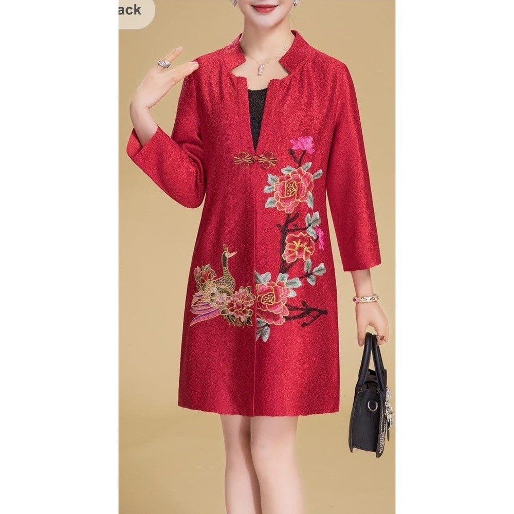 JIAXIUTANG Red Embroidered Asian Floral Peacock Mid-Length Jacket XL  MSRP $130